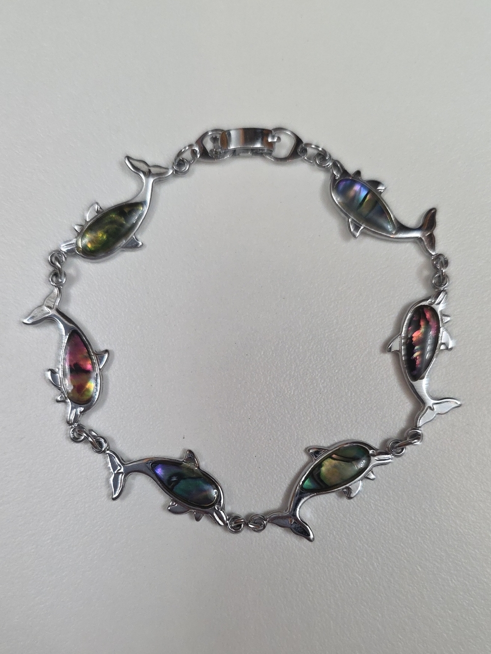 Dolphin Bracelet Abalone Stone Inlay  Iridescent Multicolor - Silver - Vintage